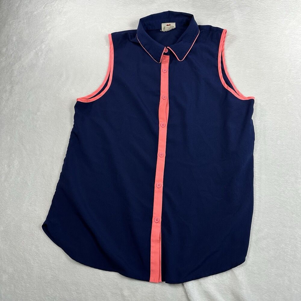 One Clothing Womens Sleeveless Blouse Size Large Navy Blue Button Front Top